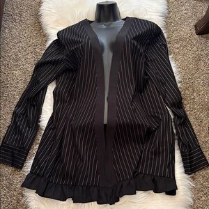 BCBGeneration Black Pinstripe Blazer with Ruffle Trim